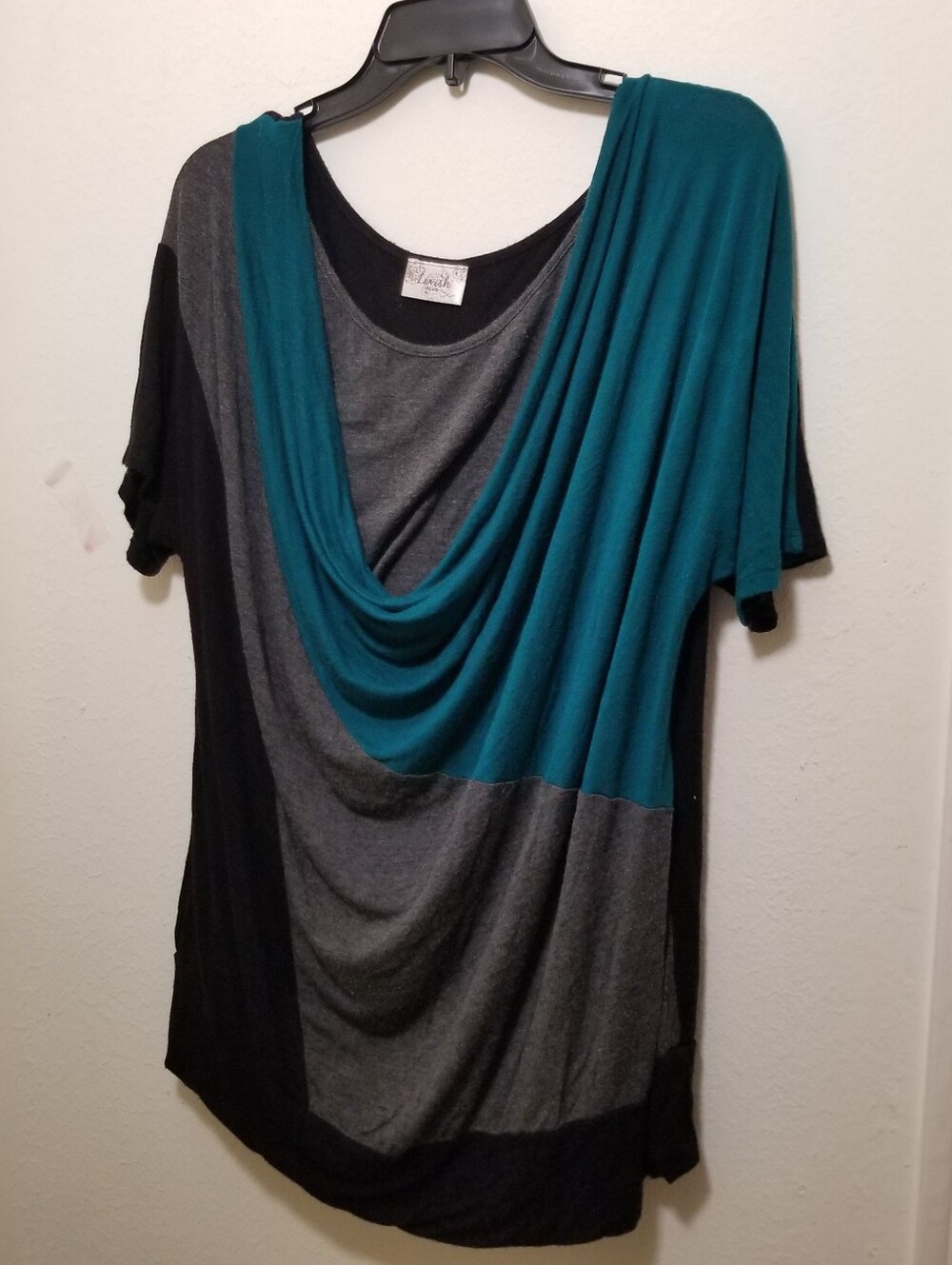 Lavish Plus Women's XL Draped Teal, Gray, & Black Colorblock Short Sleeve Top